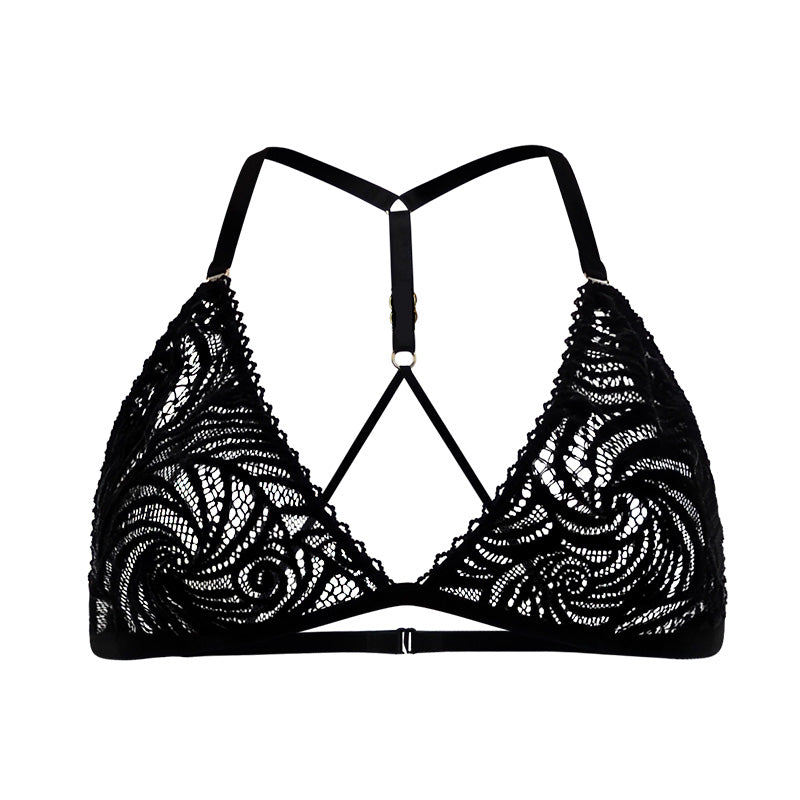 Schwarzer Samt Triangle-BH mit Halterneck - handmade by fishbelly Lingerie